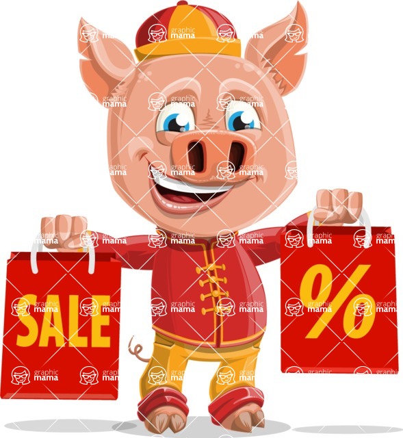 Year of the Pig Character - Vector Pig Cartoon - Year of the Pig Vector Character with Sale Bags